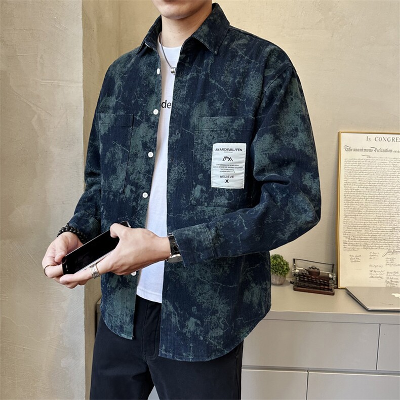 新款牛仔长袖衬衫男 蓝色个性扎染印花工装外套C2401-P105图片