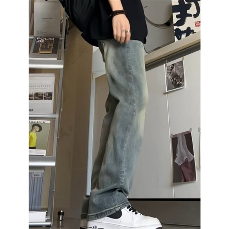 复古蓝直筒牛仔裤男秋冬加绒cleanfit古着裤子美式高街vibe微喇裤,男装牛仔裤,星座506A