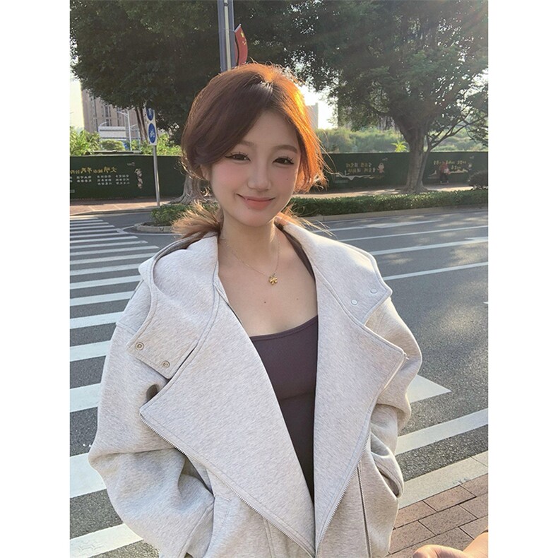 抖音得物品质 26春装美式重磅结构斜拉链高领连帽卫衣开衫外套W61图片