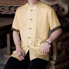 D4213^新中式翻袖衬衫唐装一字扣冰丝短袖T风半袖男上衣，男装T恤，钱塘777(原3023)