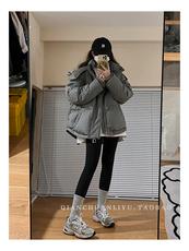 灰色爱心短款羽绒棉服23年新款男女情侣加厚小众设计感面包冬外套，女装棉衣/棉服，梦白服饰厂