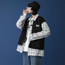 秋冬中性夹克格子工装假两件拼接外套mj403-p118，男装夹克，电商B288