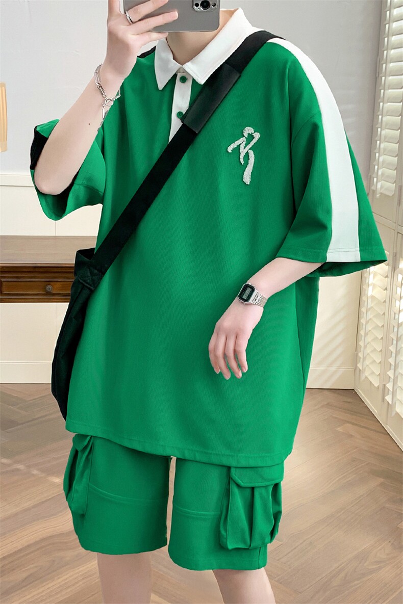 2023夏装潮简约纯色Polo衫撞色运动短袖套装男女6626-P65控价88,男装Polo衫,电商A441-1