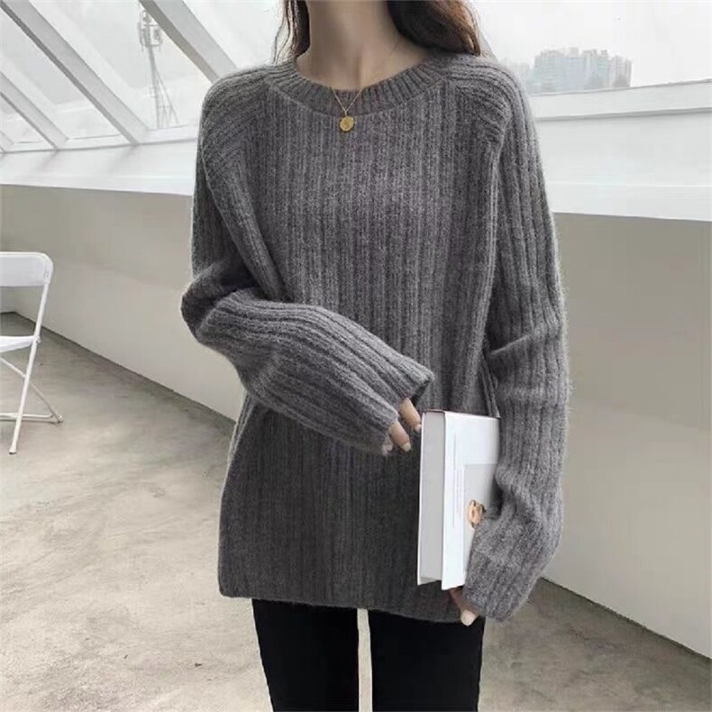 秋冬季羊毛圆领宽松竖条纹简约慵懒羊毛衫,女装羊毛衫,锦瑟羊绒