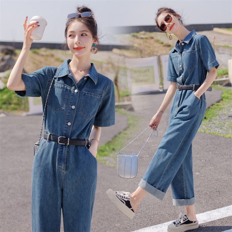 袖工装牛仔连体裤女2025夏季新款显高显瘦遮肉阔腿薄款连衣长裤，女装连体裤，新思路