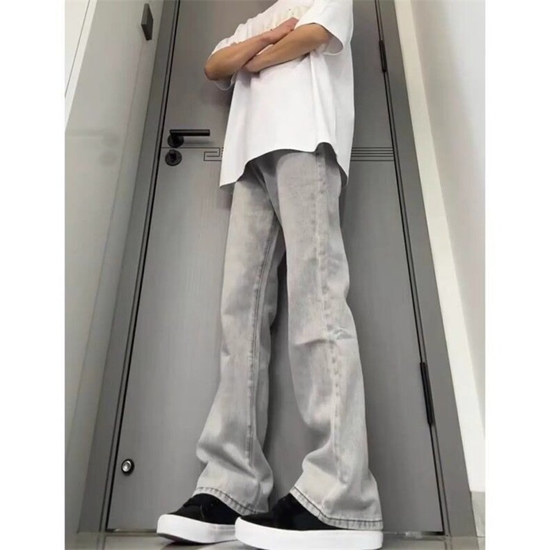 烟灰色美式cleanfit牛仔裤男款直筒高个子加长裤子修身弯刀微喇裤,男装牛仔裤,星座1013-1