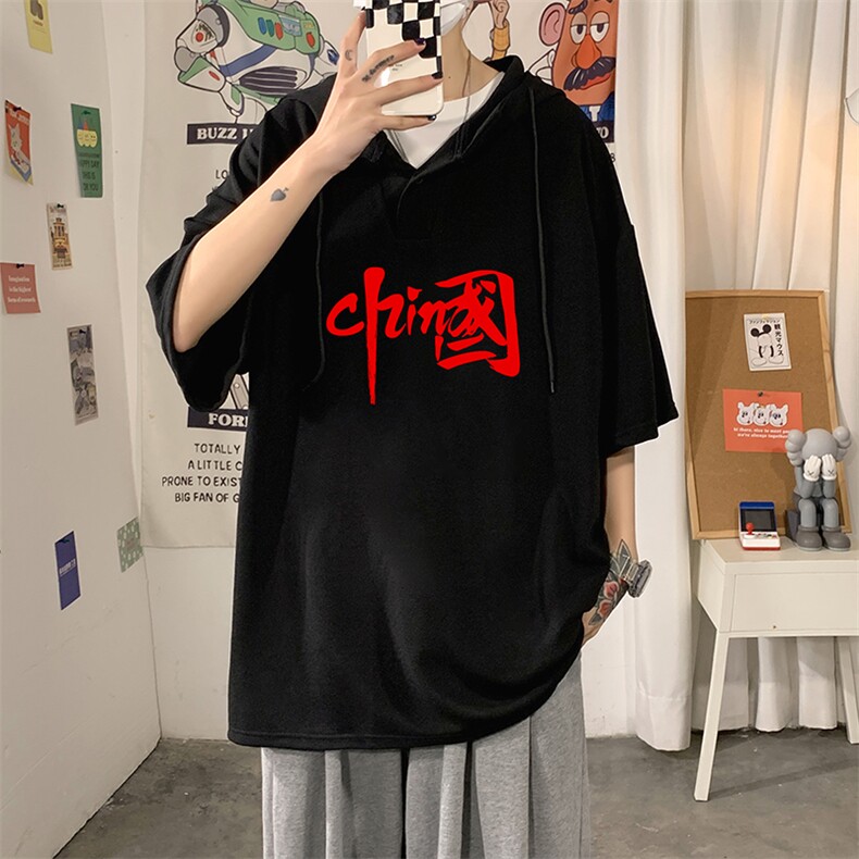 LD54199-P45连帽短袖t恤男大码胖子带帽五分袖中袖海报风,男装T恤,电商A040