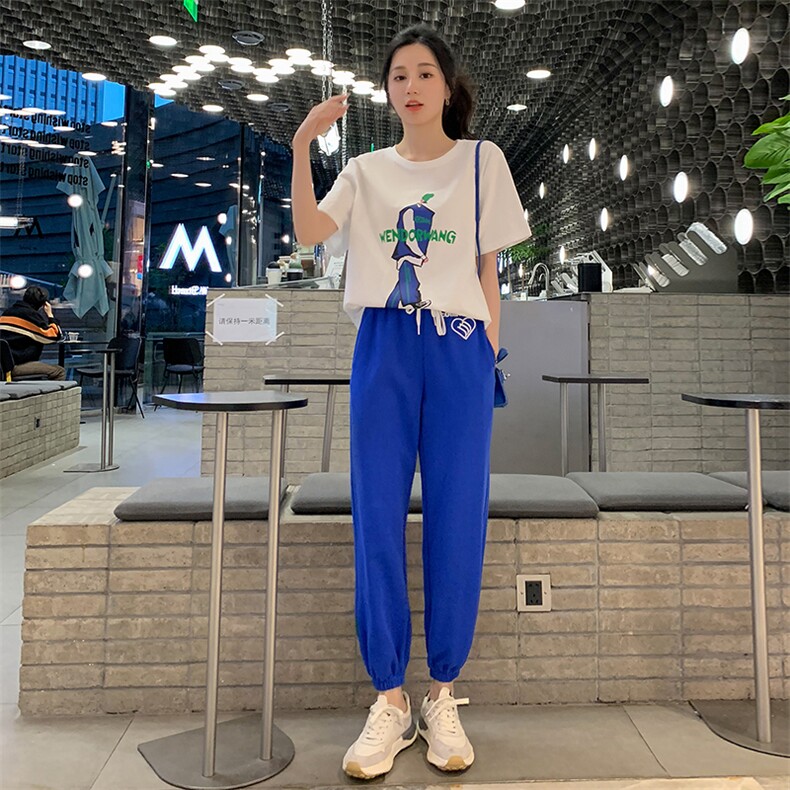 2022夏季时尚运动套装女宽松休闲白搭两件套短袖T恤薄款夏季卫裤,女装套装/套裙,梦懿尔