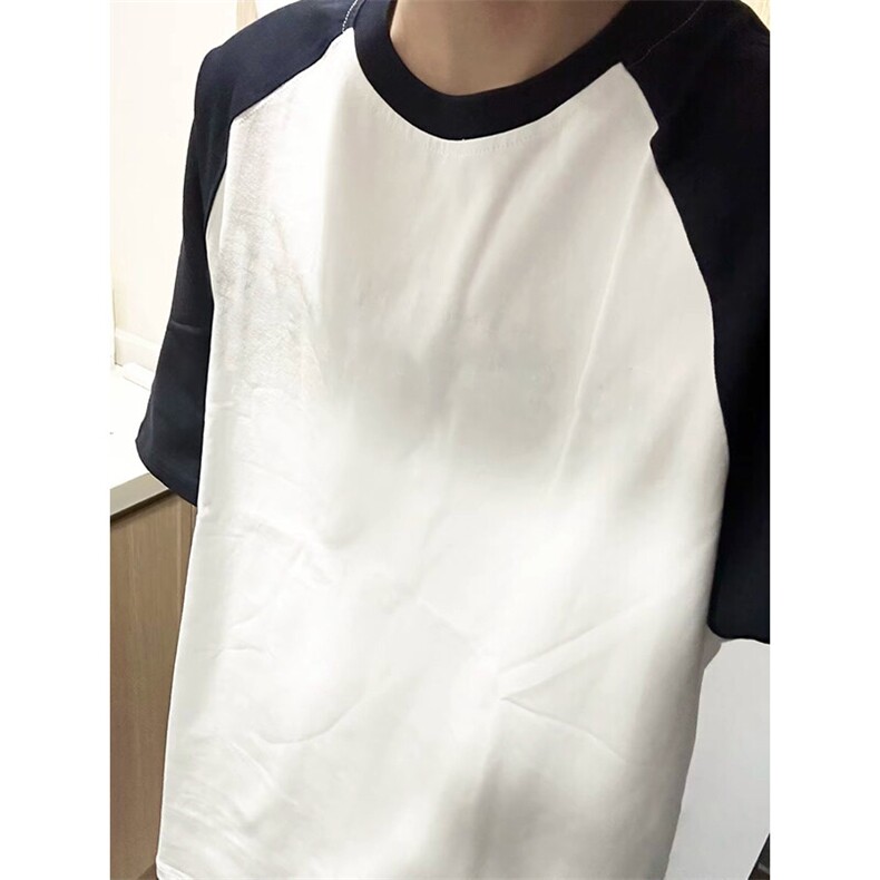 抖音得物高品质二开240克宽松纯棉美式潮牌插肩袖拼接短袖T恤,男装T恤,电商A486-1