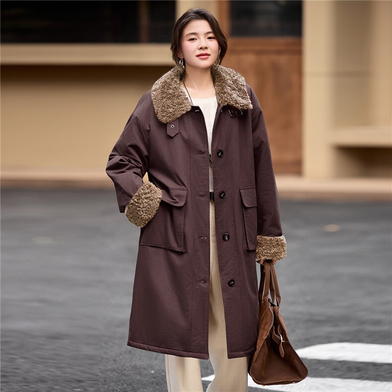 2025年冬季长款大码宽松羊羔毛风衣外套加厚棉服棉大衣,女装棉衣/棉服,简韵佳