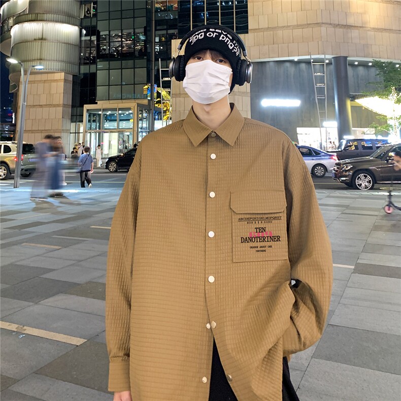 港风新款秋季时尚百搭宽松字母印花衬衫外套S95P45控68,男装衬衫,电商A247