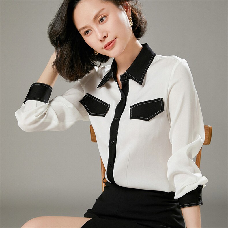 时尚都市女性必备优雅真丝衬衫简约黑白拼接设计显瘦百搭长袖上衣,女装衬衫,宋氏羊绒