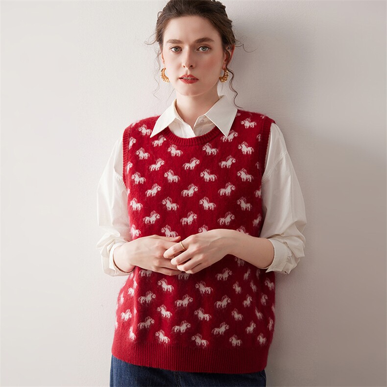 2025秋冬新款舒适百搭简约软糯时尚加厚小马提花马甲，女装羊绒衫，尚达羊绒
