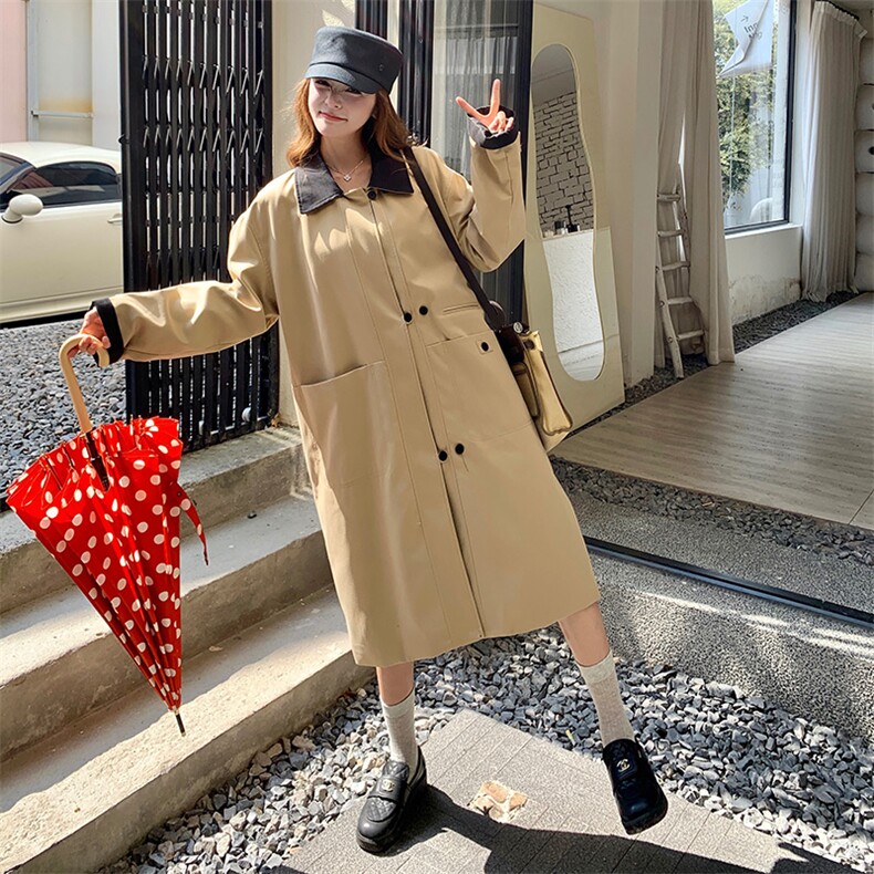撞色翻领长款卡其色风衣外套女春秋2025新款显瘦巨好看高级感大衣,女装风衣,2C169