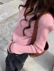秋冬韩版V领拼色百搭针织打底衫女短款高腰毛衣时髦外穿，女装针织衫/毛衣，半城羊绒