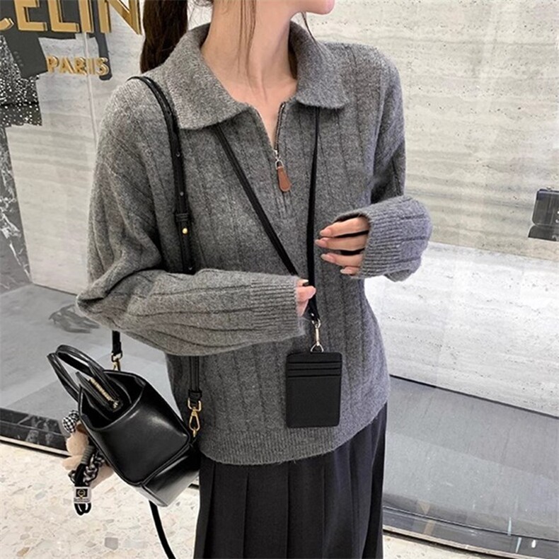 2025年秋季新款纯色polo领半拉链针织套头上衣，女装针织衫/毛衣，珍珑羊绒