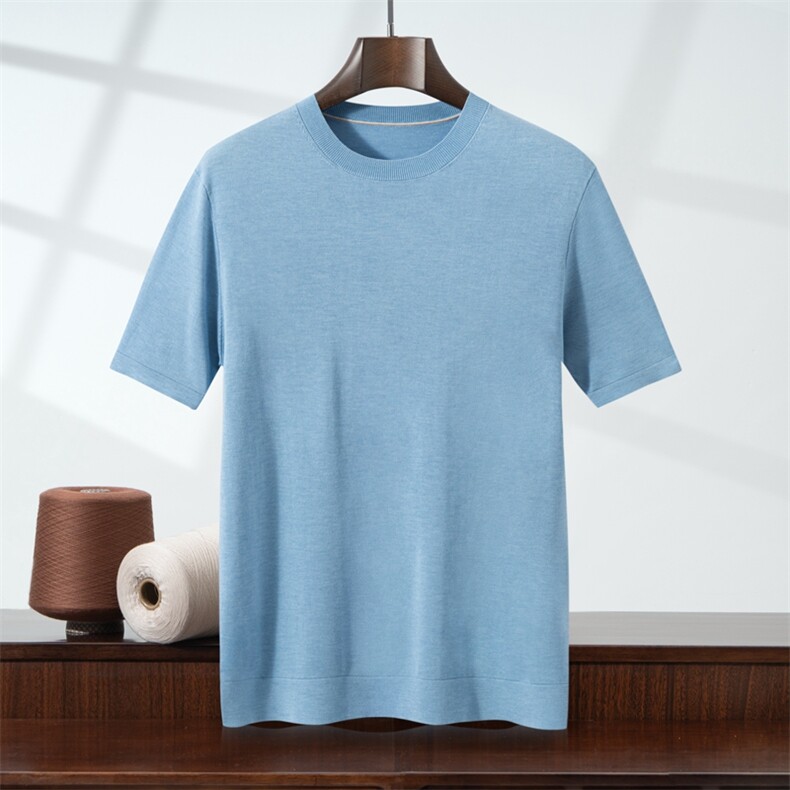 轻奢高端100莱赛尔针织短袖T恤男2025夏轻薄透气圆领正肩男装t恤，男装T恤，暖烁羊绒