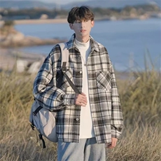 外套男毛呢格子日系秋冬cityboy复古宽松加厚衬衫夹克潮工装衬衣，男装衬衫，星座218-1（原230）