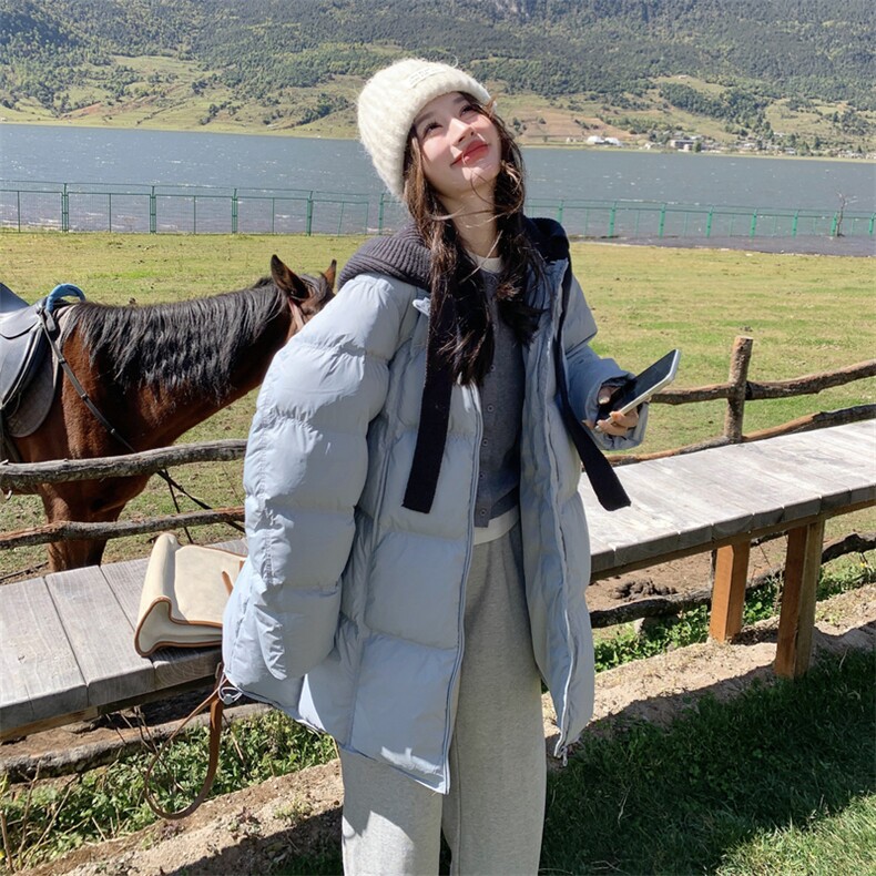 奶呼呼蓝色羽绒服女冬季2025新款中长款小个子宽松保暖面包服外套,女装羽绒服,2C177