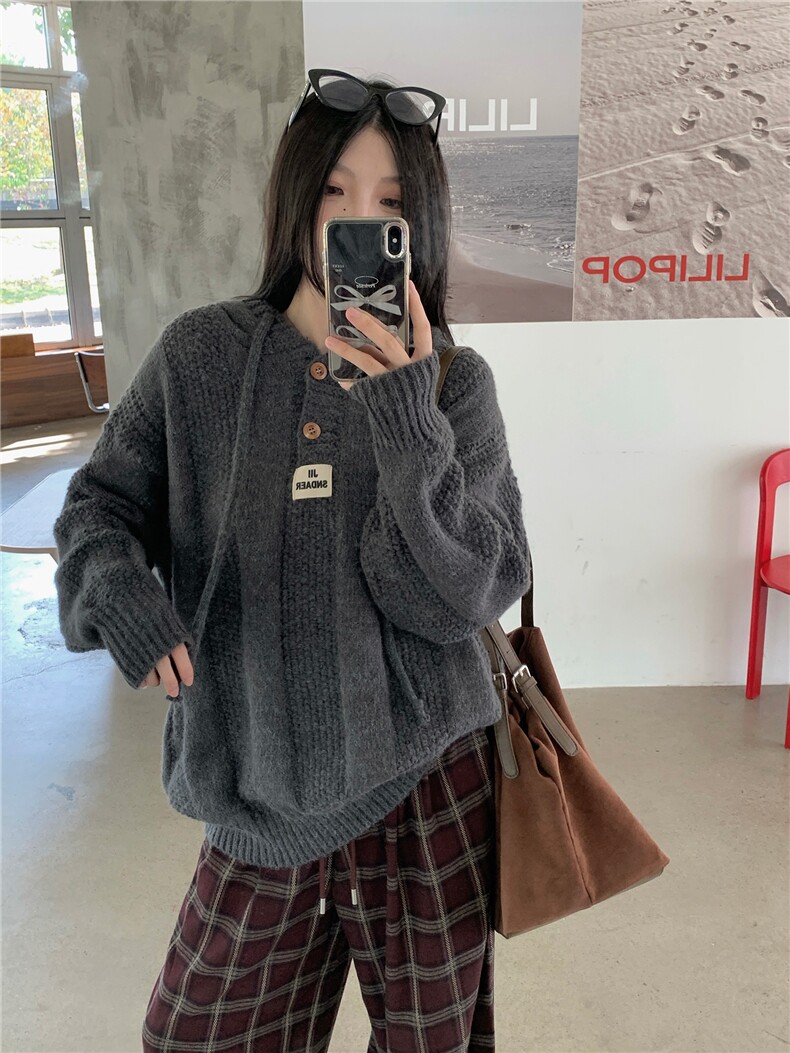 长袖上衣针织衫女设计感连帽提花打底衫女秋冬保暖毛衣,商品下架区,网红馆