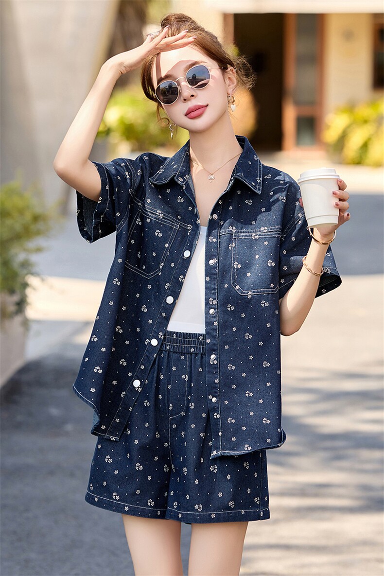休闲复古印花牛仔套装女2025夏季新款短袖衬衫洋气减龄短裤两件套,女装套装/套裙,芭米依尚
