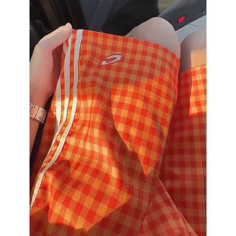 多巴胺橙色格子抽绳刺绣短裤男女夏季简约休闲宽松三分裤KZ71,男装牛仔裤,星座1116A（原606A-3）