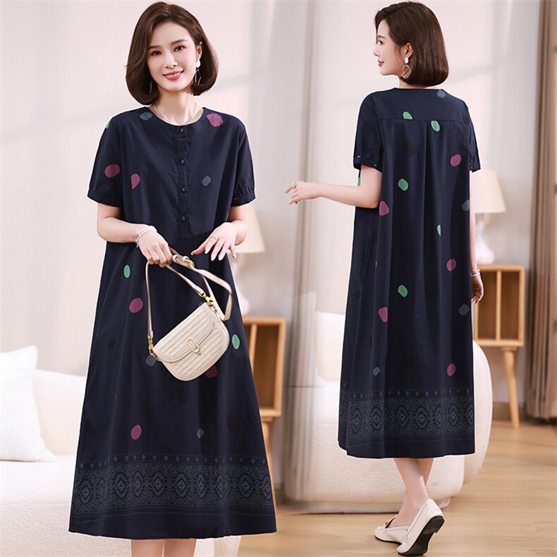 妈妈装中年大码纯棉连衣裙女新款夏季显瘦直筒气质高端洋气减龄裙，女装连衣裙，江忆布依