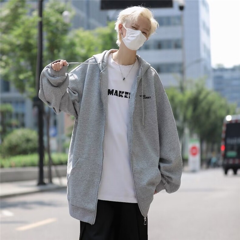 开衫卫衣连帽男韩版潮流字母灰色2023秋冬季新款ins外套WB116-P53,男装卫衣,星座412-3