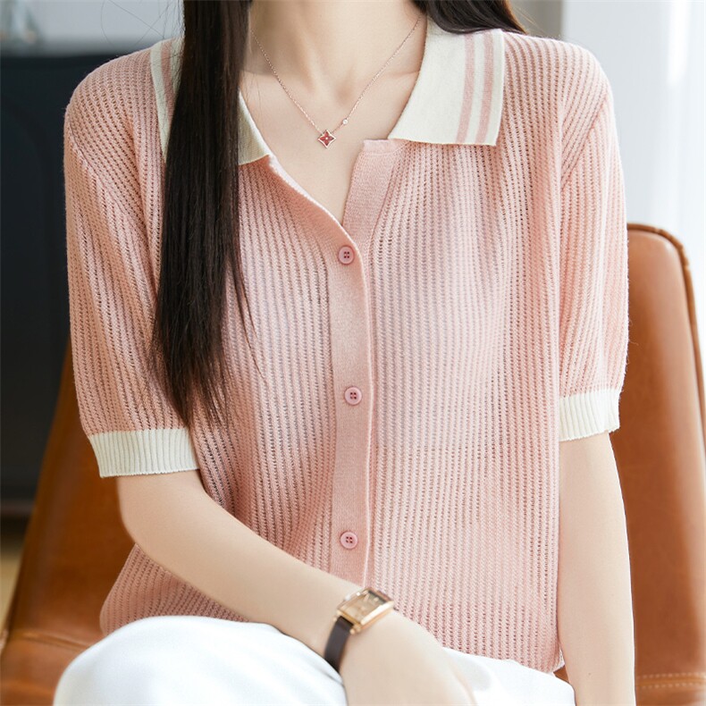 夏新款女士撞色翻领短袖开衫时尚薄款半袖Polo衫休闲夏装内搭上衣,针织衫/毛衣,唐诺