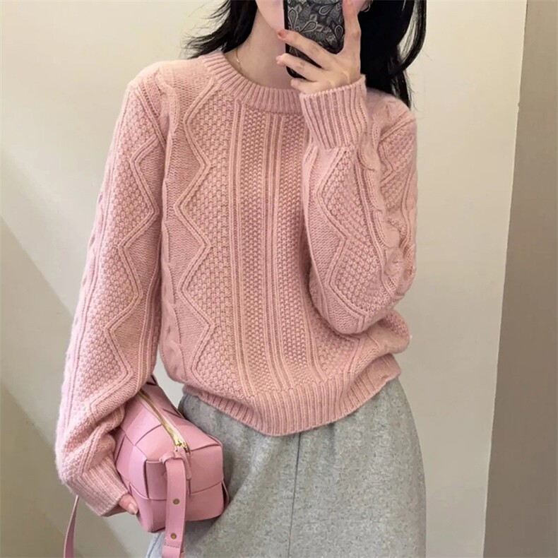 2025年秋季新款百搭女士圆领粉色花形加厚保暖毛衣,女装羊毛衫,新胜羊绒