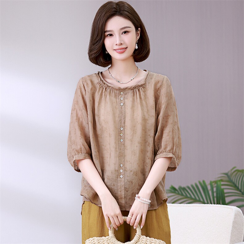 纯苎麻女夏季2024新款轻奢高级感洋气减龄妈妈夏装休闲,女装衬衫,独衣靓