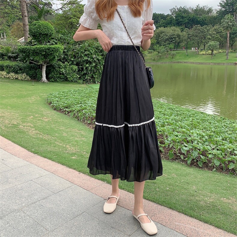 a字半身裙女夏款2021新款韩版宽松显瘦百搭气质仙女高腰百褶裙子,女装连衣裙,潮品会