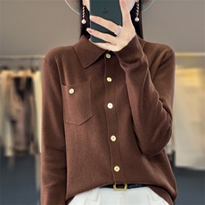 鄂尔多斯市翻领羊毛针织开衫外套女宽松薄款春秋新款毛衣外搭，女装针织衫/毛衣，大美人包芯纱店