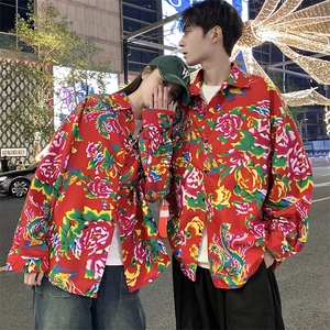 C203情侣大花长袖衬衫男女休闲衬衣新中式汉服团队服表演出宽松潮图片