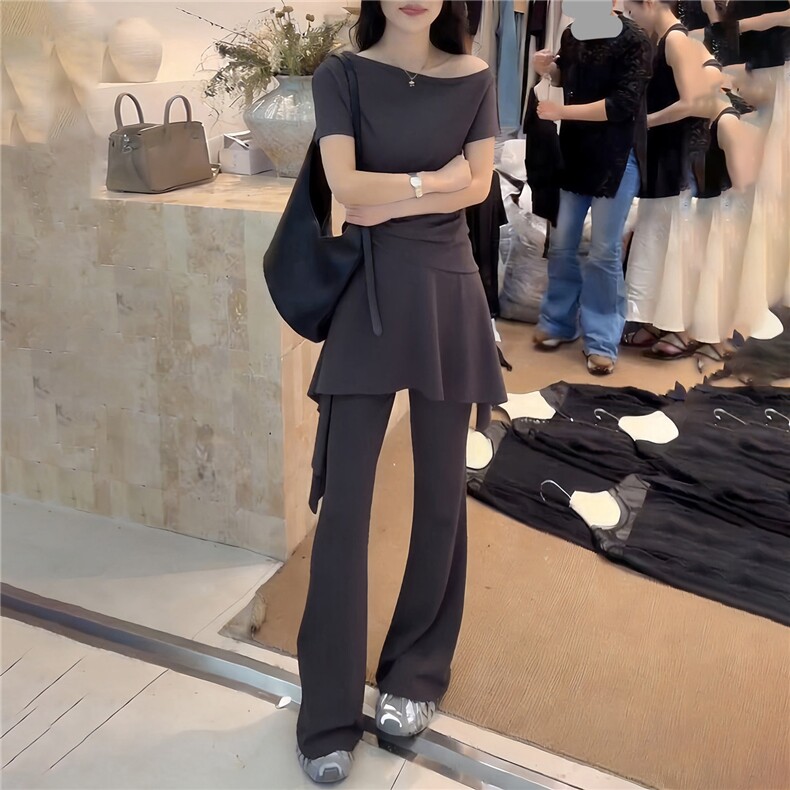 女夏季新款时尚洋气套装纯色斜肩收腰短袖上衣蕾丝屁帘长裤两件套，女装套装/套裙，江南