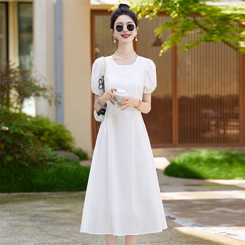 清新绿色纯棉连衣裙女2024夏季新款泡泡袖褶皱收腰显瘦气质长裙子,女装连衣裙,蓝诺裳