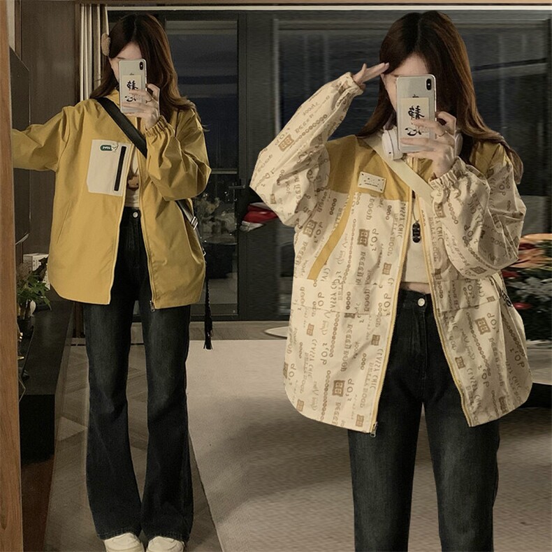 C952-P100 双面穿工装外套女春秋2025新款学生甜美印花连帽夹克图片