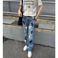 网图美潮十字架皮标直筒牛仔裤CK791/特P58，男装皮裤，电商B350