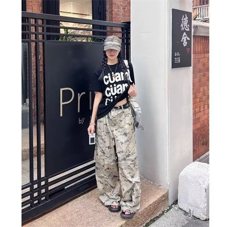 复古沙漠迷彩多口袋弯刀工装裤廓形阔腿伞兵牛仔裤K8310-P56网图，女装牛仔裤，电商B245