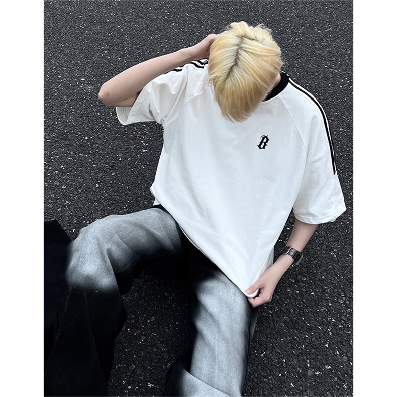 可48小时发货支持抖音得物来样二开重磅美式高街纯棉织带短袖T恤，男装T恤，电商A486