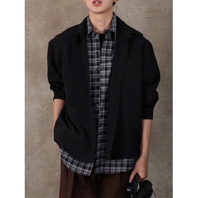 美式休闲假两件格子领带装饰长袖衬衫男宽松百搭开衫外套JA6763，男装衬衫，星座1116A（原606A-3）