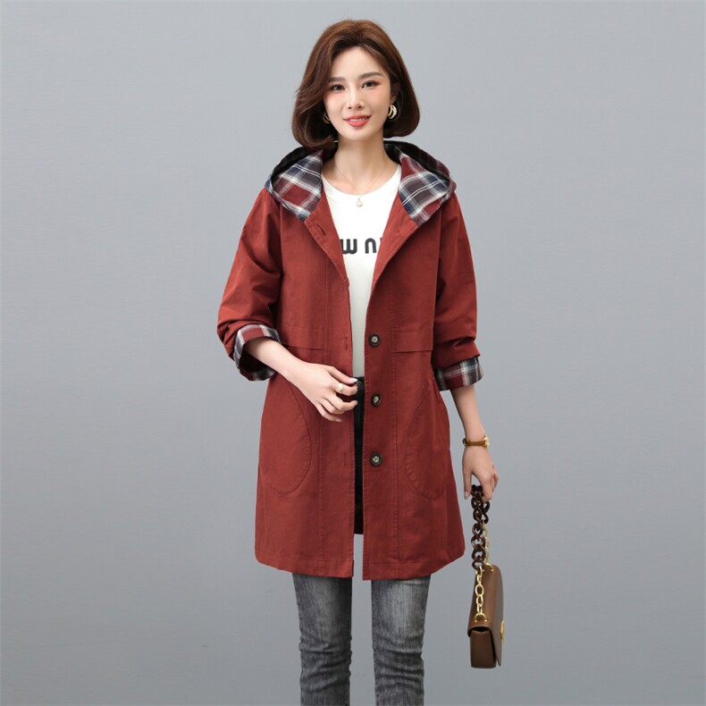 纯棉连帽风衣女中长款2025春秋新款中年妈妈休闲宽松大码洋气外套,女装风衣,秋牧寒烟