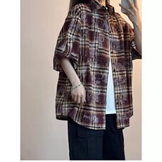 夏款格子短袖衬衫男生潮流青少年百搭宽松五分袖休闲上衣LS39P36，男装T恤，星座1013-5