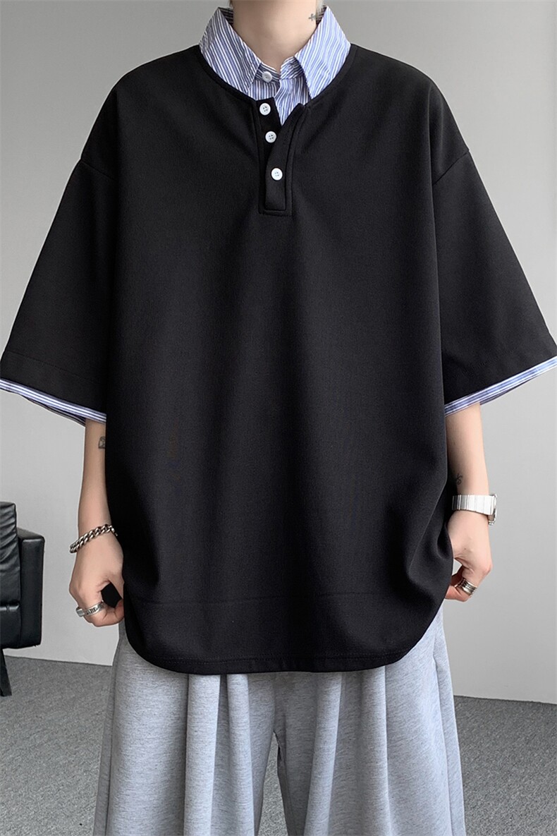 8XL-M假两件衬衫领短袖T恤大码夏季条纹拼接polo衫半袖DX1211/P45,男装T恤,电商B238
