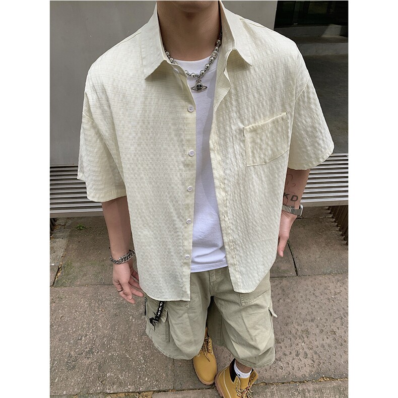 原创美式潮流复古条纹泡泡格肌理感夏季衬衫短袖男士衬衣 P35图片