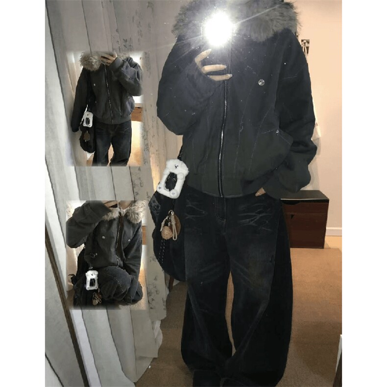 现货重磅boxy短款棉衣座山雕大毛毛领男女棉服水洗工装厚外套,男装棉衣,电商A486