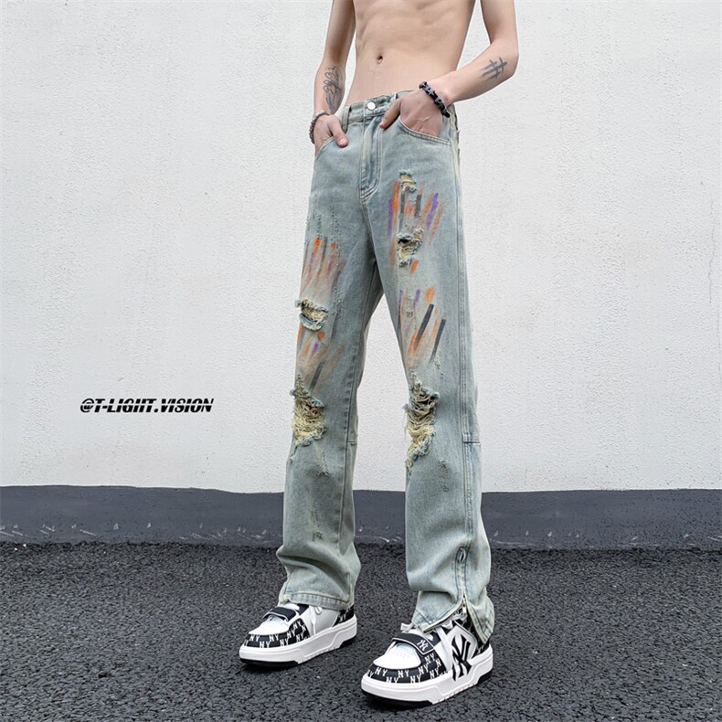 B221 美式ins高街暗黑小众拉链喷墨破洞牛仔裤 LK23085-P65 控88图片