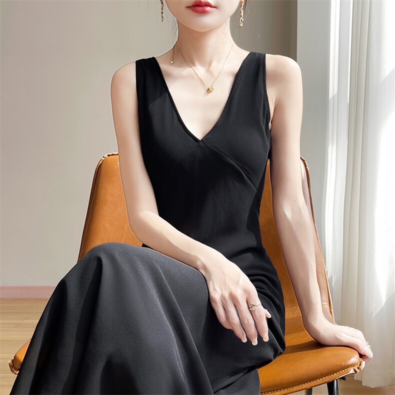 2025无袖年春款乔其纱V领针织吊带连衣裙修身显瘦纯色气质春季女,女装连衣裙,圣丽羊绒