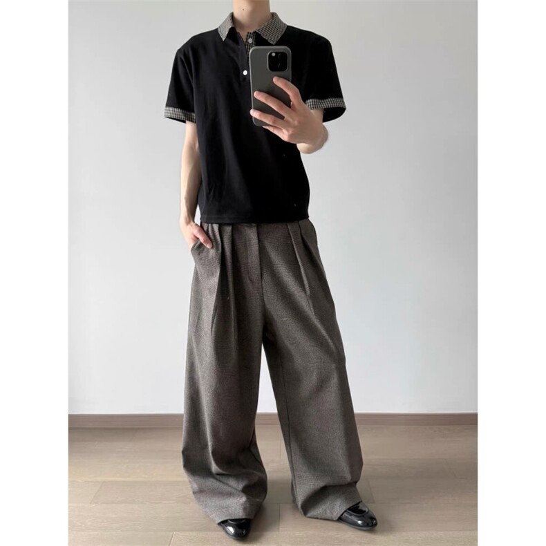 打褶拼接千鸟格tr混纺拼接老钱风长裤休闲裤复古阔腿西裤Q98p65,男装西裤,电商D256-3(原A064-3)