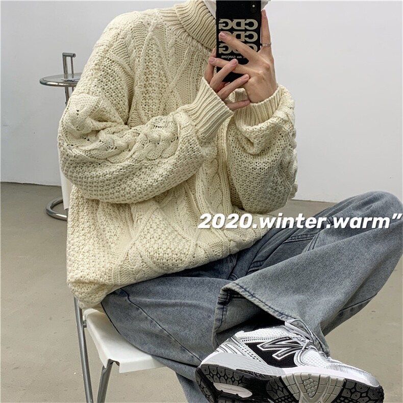 情侣款复古麻花高领毛衣宽松针织衫男女A338-1 MY25 P70控88图片